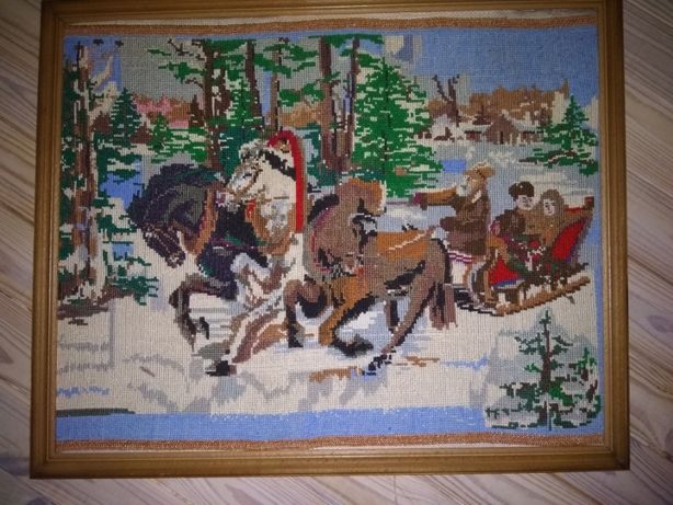 Продам вышитая картина "МАСЛЕНИЦА,тройка лошадей"