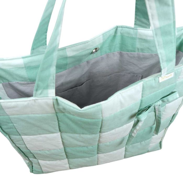 Pikowana torebka miętowa shopperka bawełniana w kratkę z kokardką