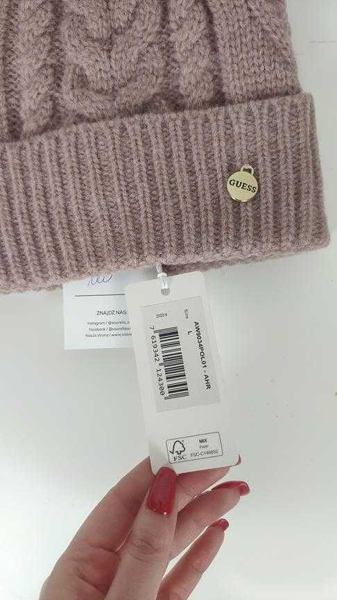 Czapka zimowa pompon mauve rose Guess L