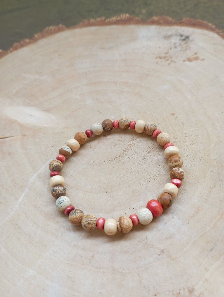 Bransoletka kamienie naturalne jaspis koraliki drewniane unisex hippie