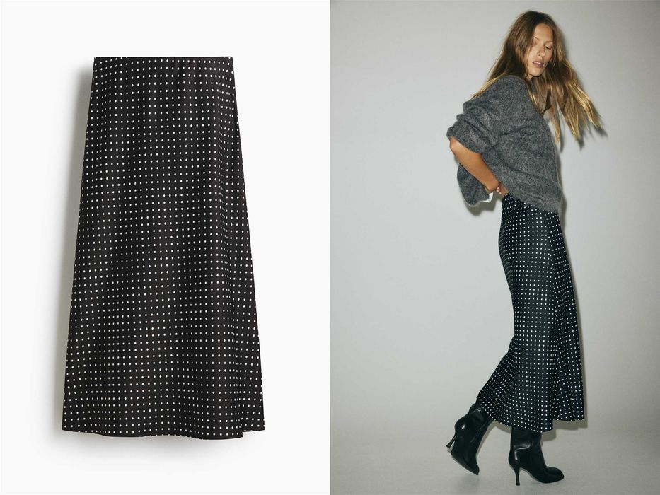 Spódnica S nowa kolekcja czarna groszki satynowa midi PROMOCJA