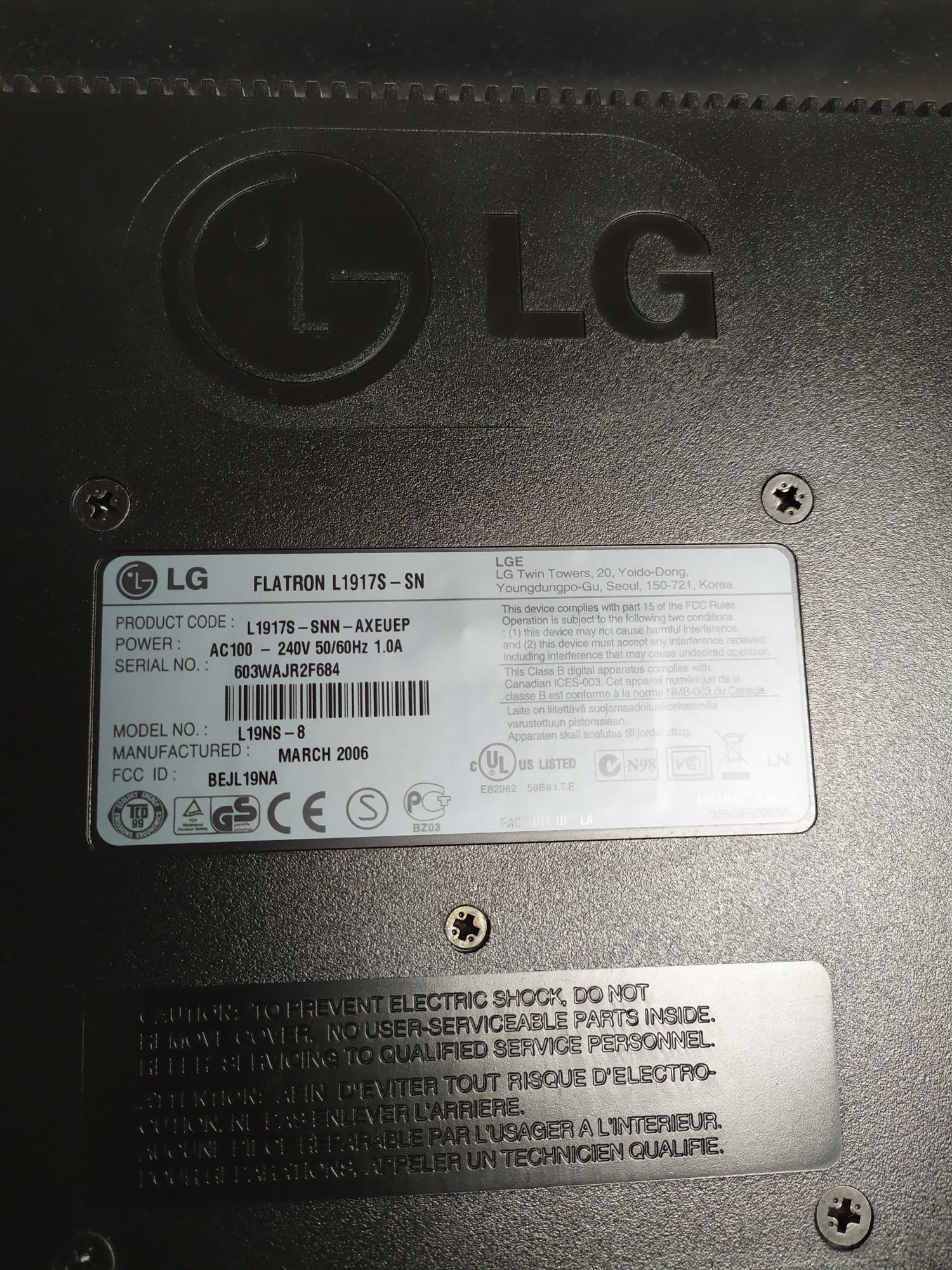 Monitor LG Flatron L1917S-SN