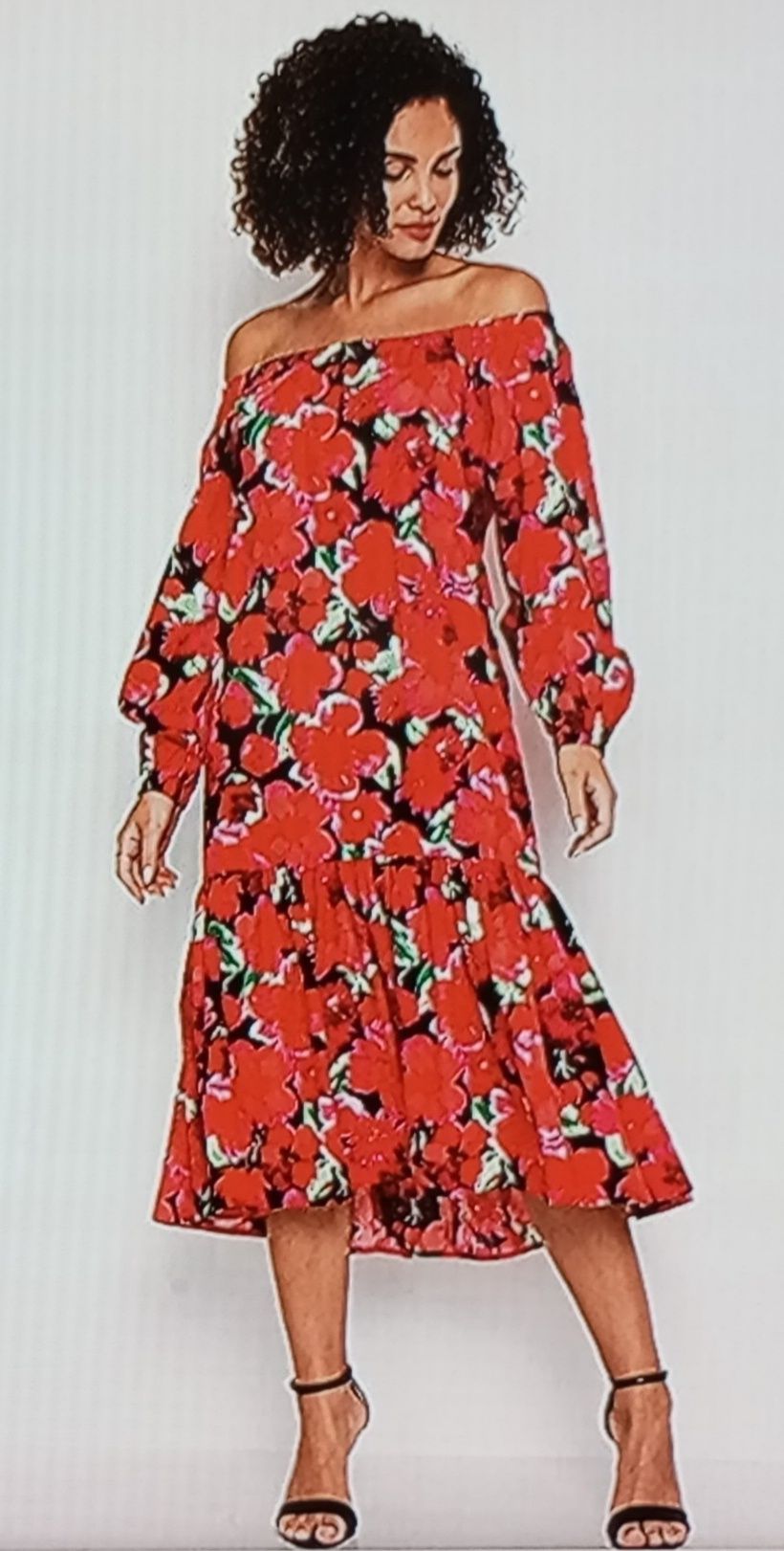 NOWA rozkloszowana sukienka midi w kwiaty z falbaną r. 42 BONPRIX