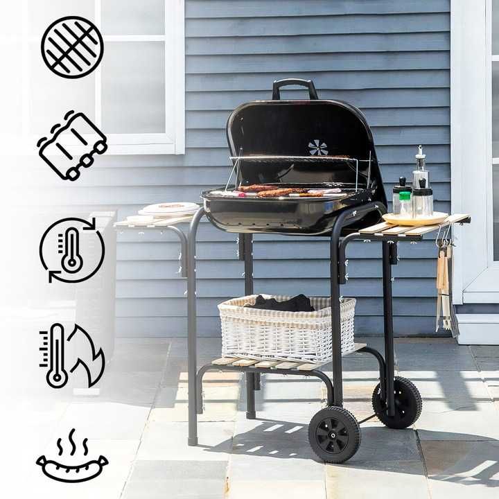 Grill węglowy z pokrywą ogrodowy duży ruszt półki kółka dmuchawa