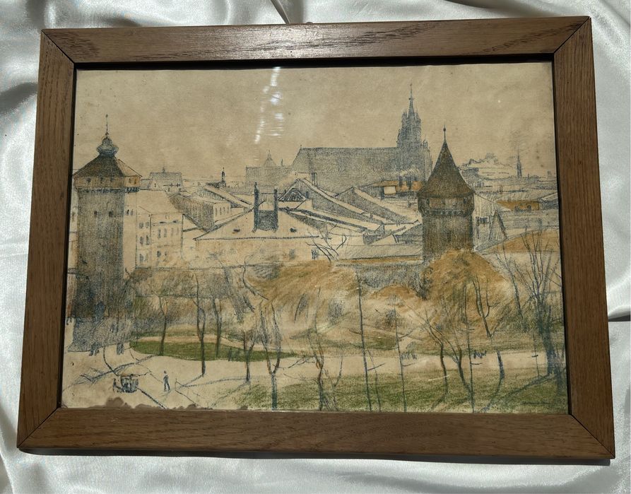 Grafika obraz w ramie za szybą Stanisław Podgórski Mury Krakowa