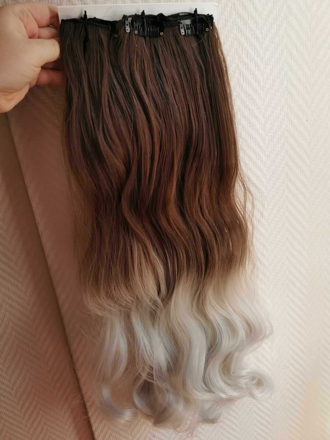 Doczepiane włosy clip in 65 cm ombre brąz srebro