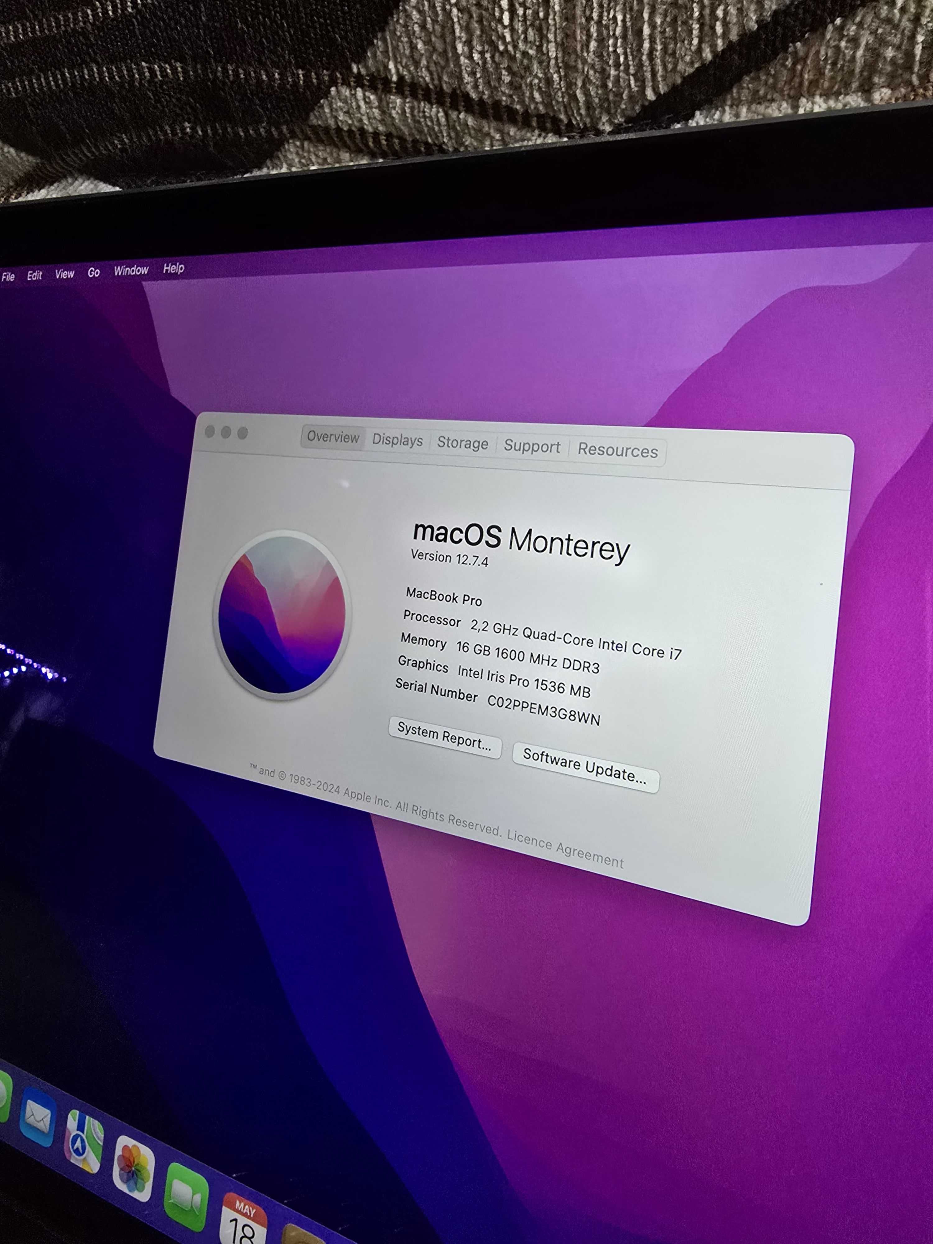 Laptop Apple MacBook Pro 15" 2015 i7 16GB / 256 GB Etui BDB