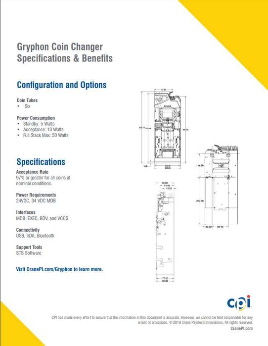 Moedeiro CPI Cashless Gryphon. Moedeiro de troco (NOVO) sem utilização