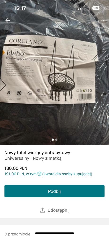 Nowy fotel wiszący