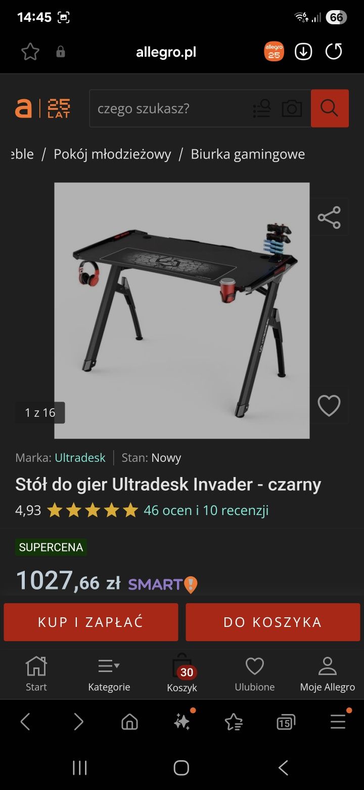 Biurko gamingowe Ultradesk Invader 120x64 Led
