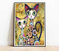 Obraz Plakat w Ramie A3 30 x 40 cm Kolorowe Koty jak Klimt Abstrakcja