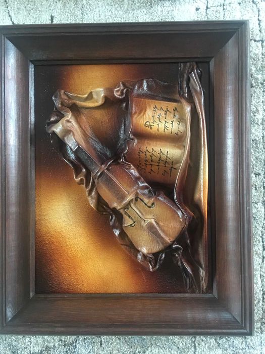 Piękny komplet - obraz i kinkiet - prawdziwa skóra , drewno