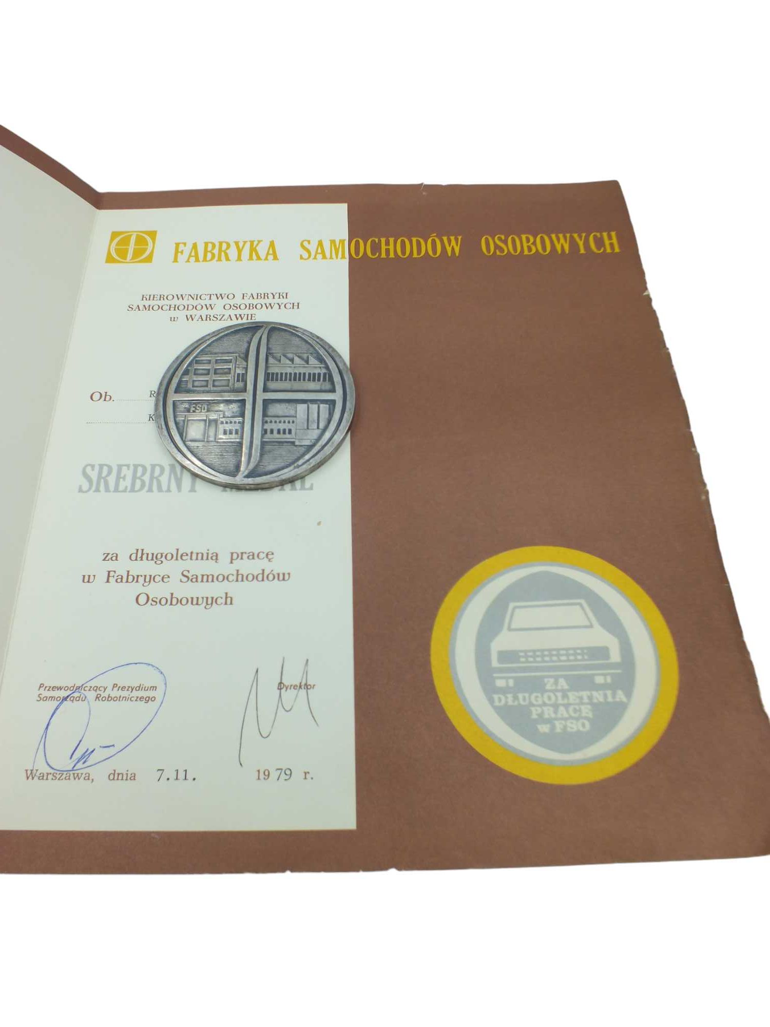 FSO WARSZAWA srebrny medal za długoletnią pracę  1979 r L