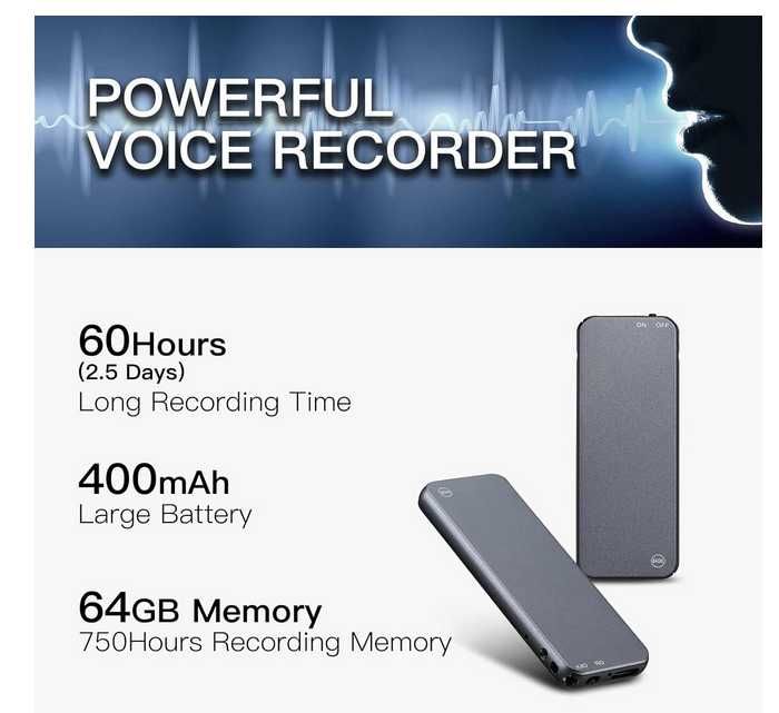 Dyktafon 64 GB Howabo , Voice Activated Recorder , Metal , USB-C