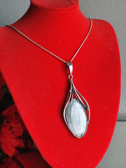 Damski srebrny łańcuszek ogromną zawieszka z kwarcem 925 80 cm
