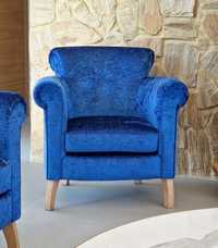 Fotel glamour, niebieski tapicerowany,  fotel uszak