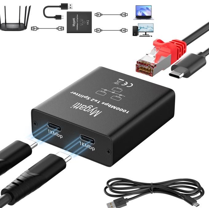 Adapter rozdzielacz mini Switch splitter LAN Ethernet RJ45 2xUSB-C 1Gb