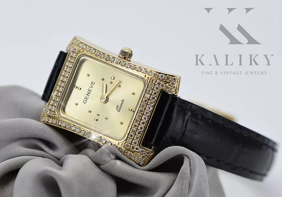 Złoty zegarek damski 14k z BRYLANTAMI 0.33ct Geneve lwd002ydy Poznań