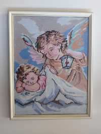 Obrazek haft krzyżykowy handmade aniołki ramka