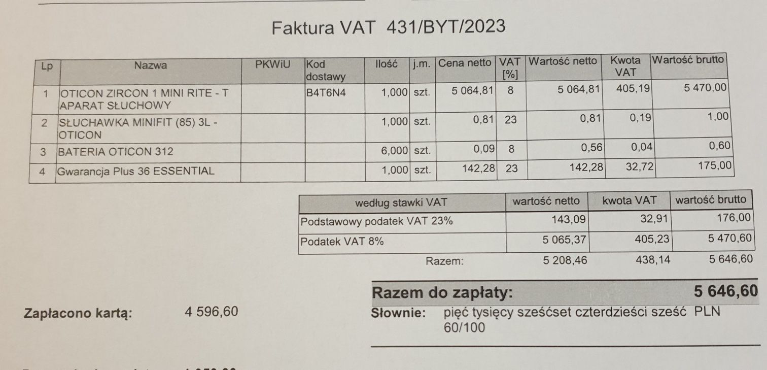 Aparaty słuchowe OTICON Zircon Mini Rite douszne gwarancja 2,5 roku