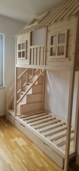 Łóżko piętrowe drewniane domek 80x160