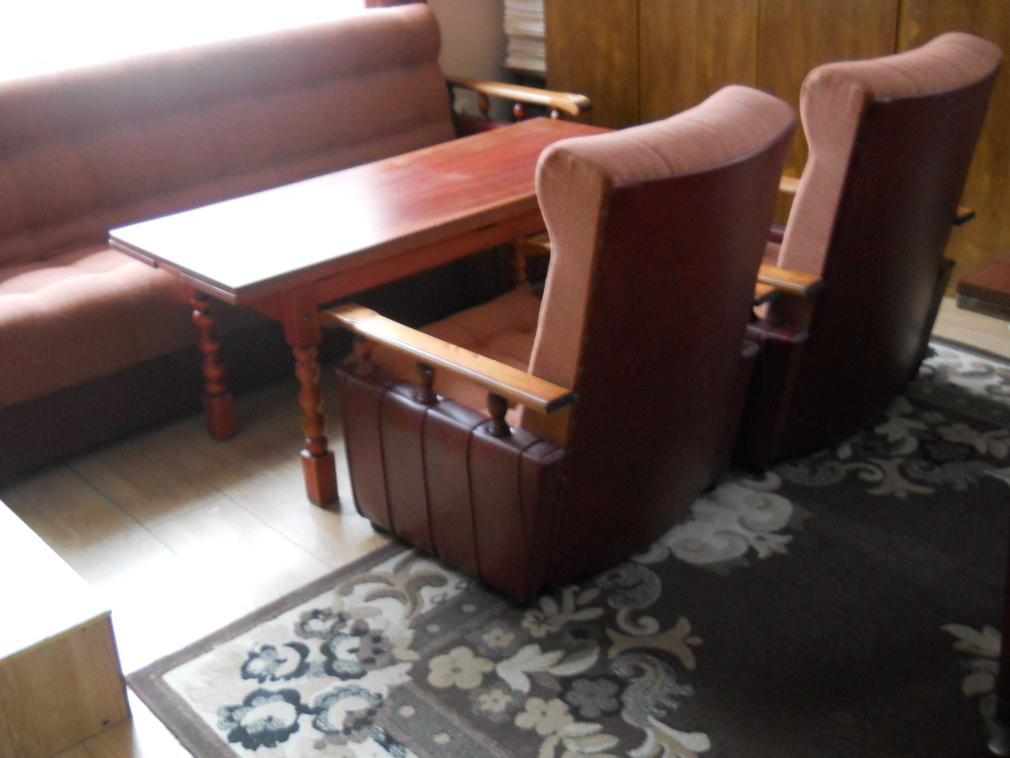 Komplet wypoczynkowy, kanapa + 2 fotele + stolik rozkładany (ława) PRL