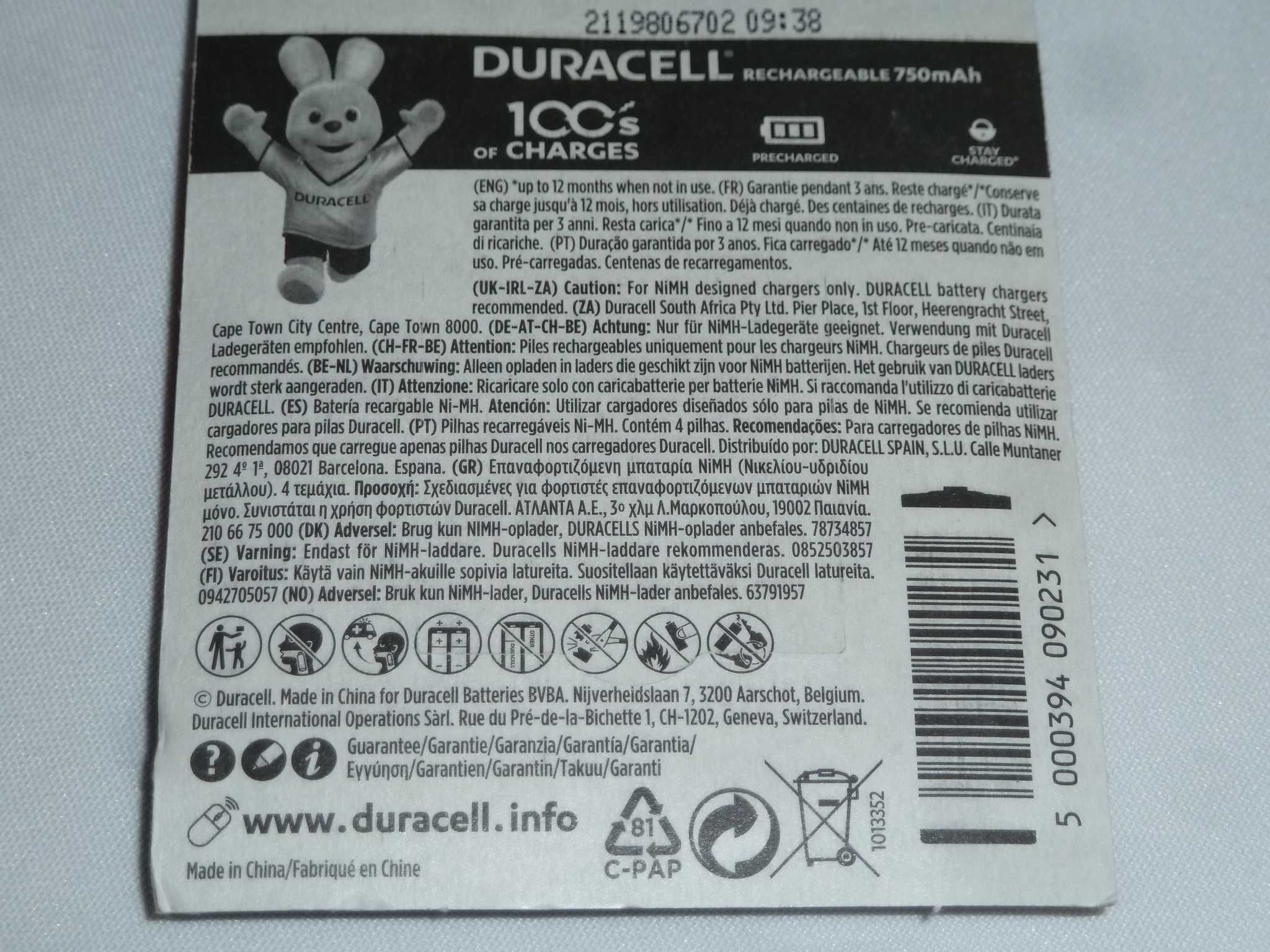 4 x Akumulatorki Duracell AAA 750mAh NiMH - Małe Paluszki