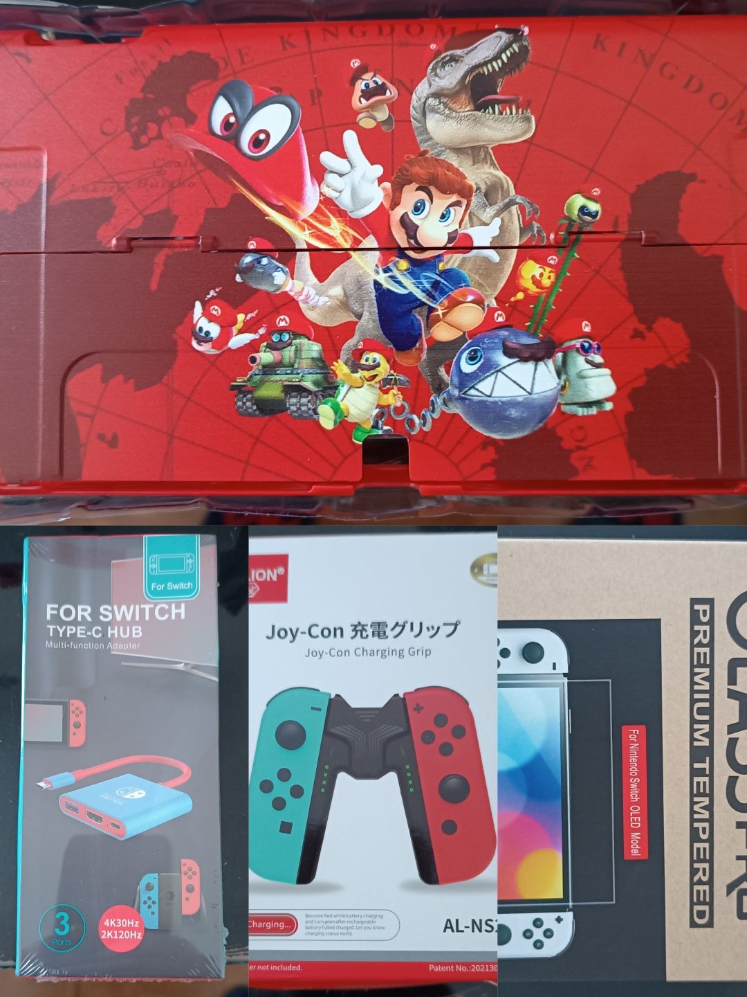 Lote de artigos Switch OLED. Capa SUPER MARIO. Joycon holder, etc.