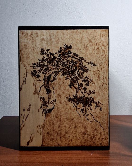 Bonsai, obraz, dekor, prezent, Japonia, pirografia, deska lipowa 15x20