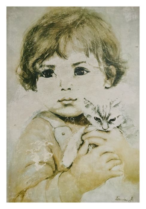 Obrazek retro  'Dziecko z kotkiem' Danuta Muszyńska-Zamorska (25x37cm)