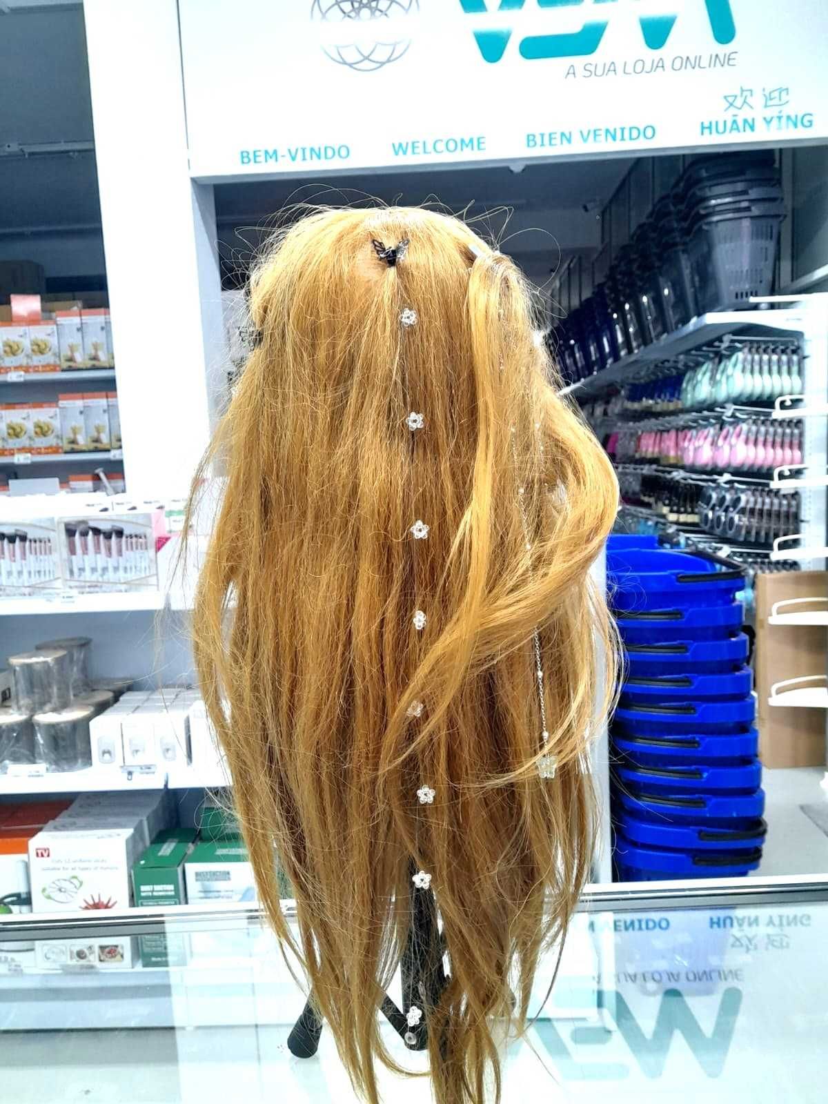 Cabeça de Manequim - 80% de Cabelo Real e Suporte para Fixar na Mesa