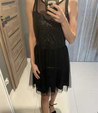 Czarna mini krótka tiulowa sukienka cekiny bez rękawów siateczka lekka