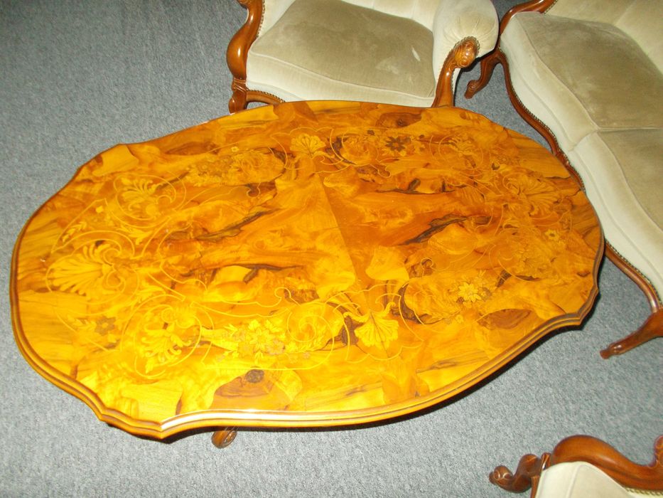 komplet wypoczynkowy ludwik 3 i 2 fotele ława intarsjowana