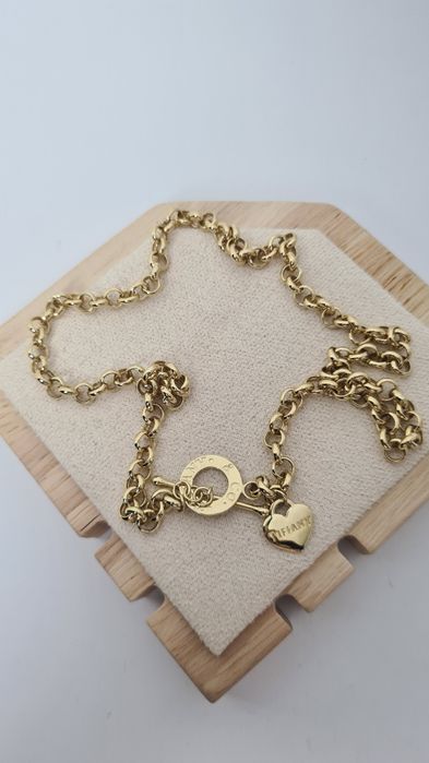 Złoty łańcuszek naszyjnik splot rolo zapiecie toggle Tifany z sercem