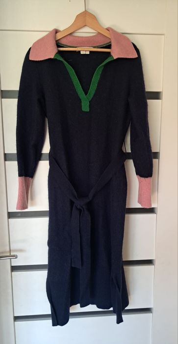 Sukienka sweterkowa wełniana M 38 granat maxi z kołnierzem wełna wool