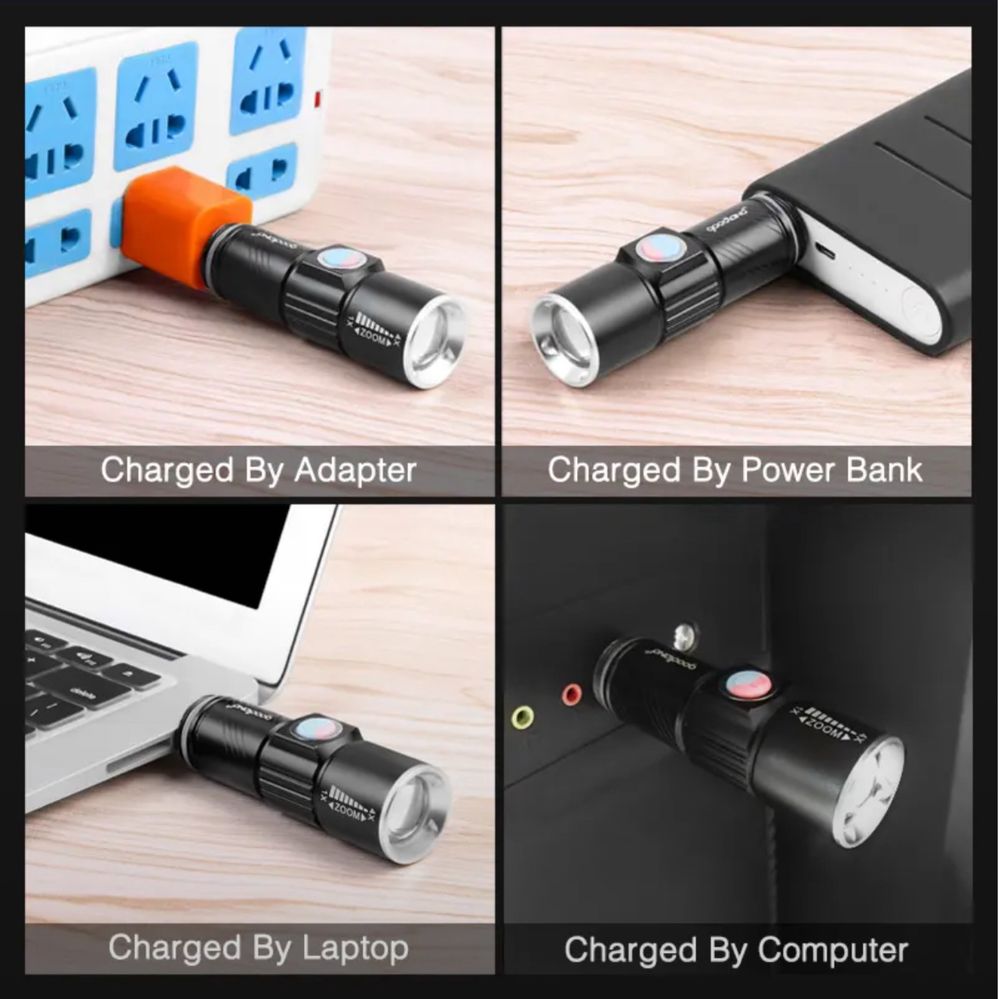 Фонарик USB, алюминиевый, 3 режима, мощный, ручной, аккумуляторный