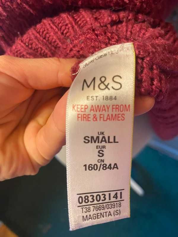 Piękny sweter gruby warkocz Marks Spencer r S fuksja