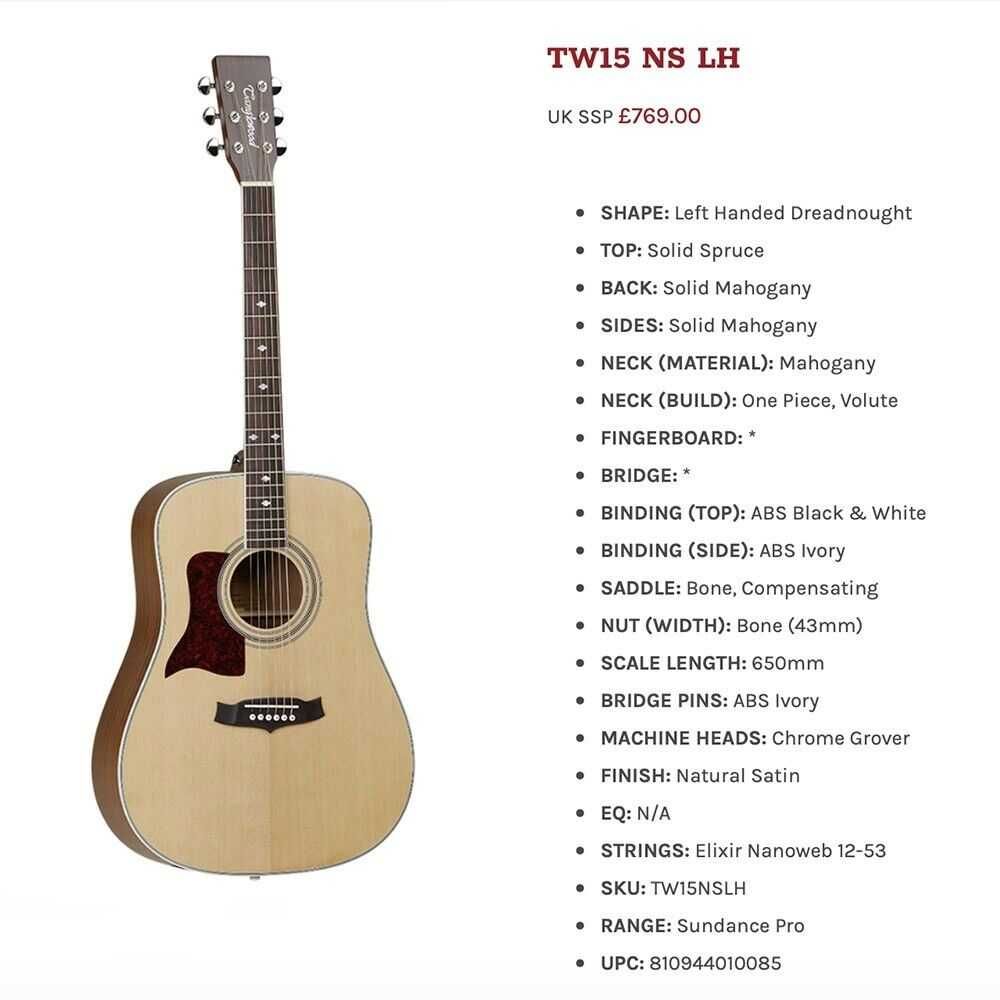 Gitara leworęczna Tanglewood TW15N-NS-LH - kopia gitary Martin D-18