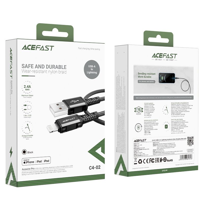 Acefast kabel MFI USB - Lightning 1,8m, 2,4A czarny C4-02 A Black