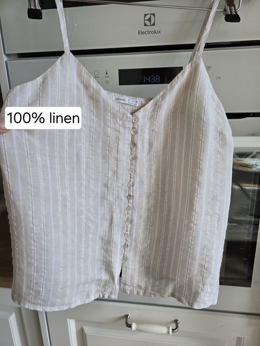 Top lniany Oysho M beżowy boho letni w paski przewiewny