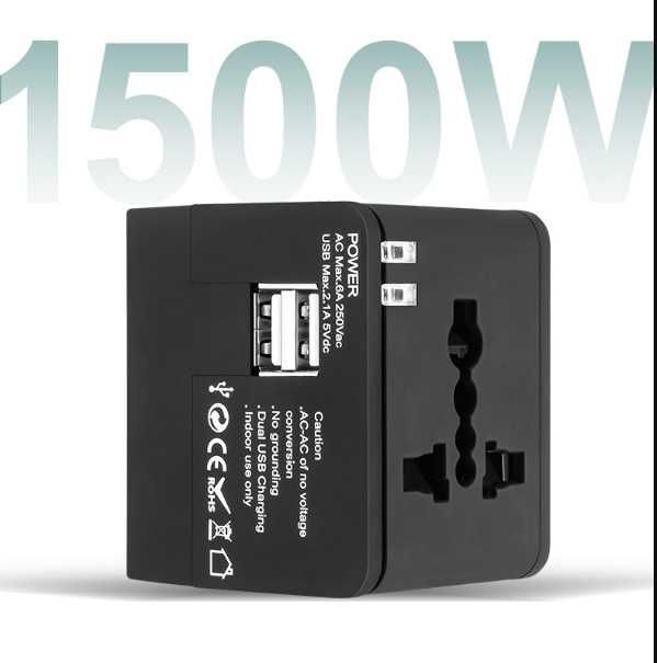 Uniwersalny adapter podróżny z 2 portami USB 1500W