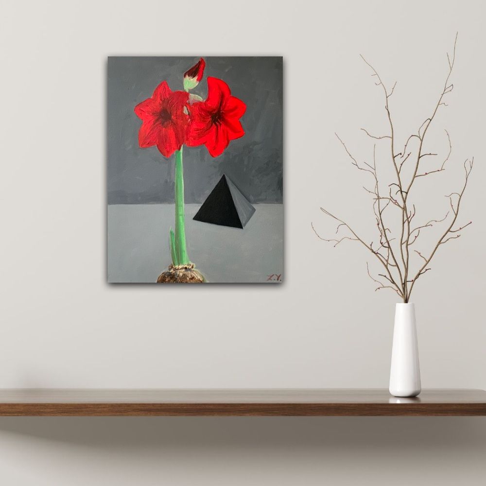 Картина Амариллис и пирамидка, акрил, холст, лилия, цветок