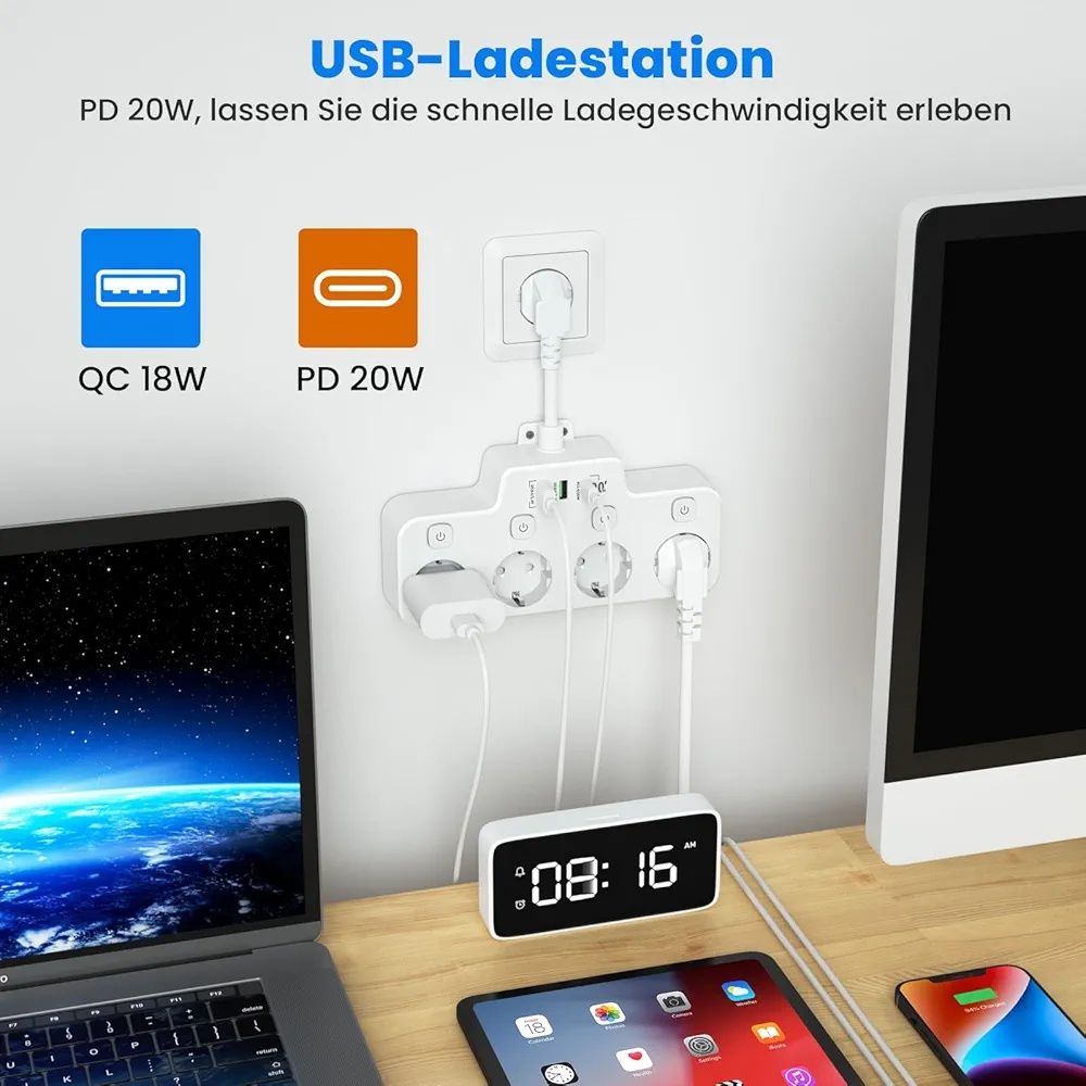 Listwa Zasilająca z ładowarką USB C (PD 20W): wielokrotne gniazdo z pr