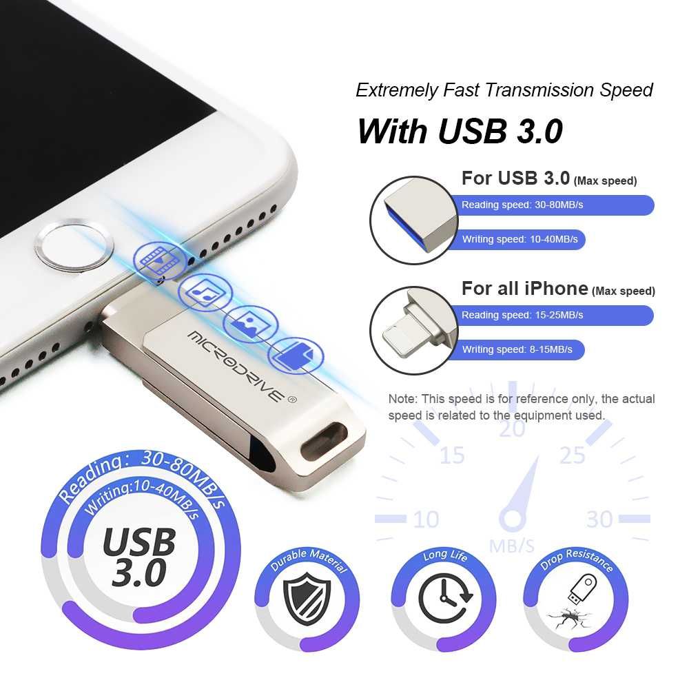 USB 3.0 Flash Drive para iPhone 2 em 1 USB-A para interface iPhone