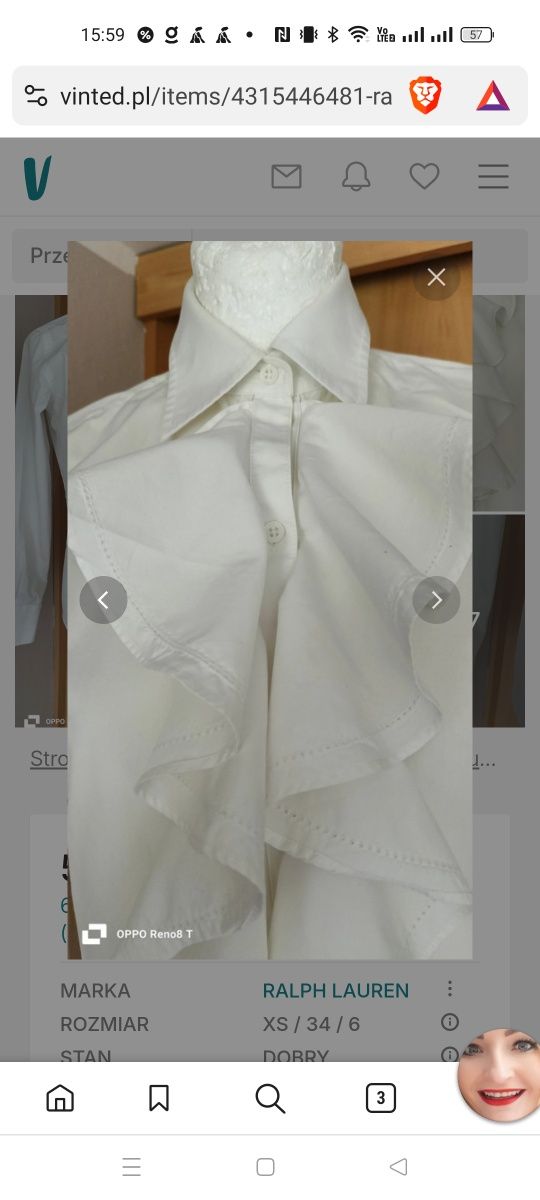 Ralph Lauren biała retro koszula z żabotem 100%bawełna róż 34.