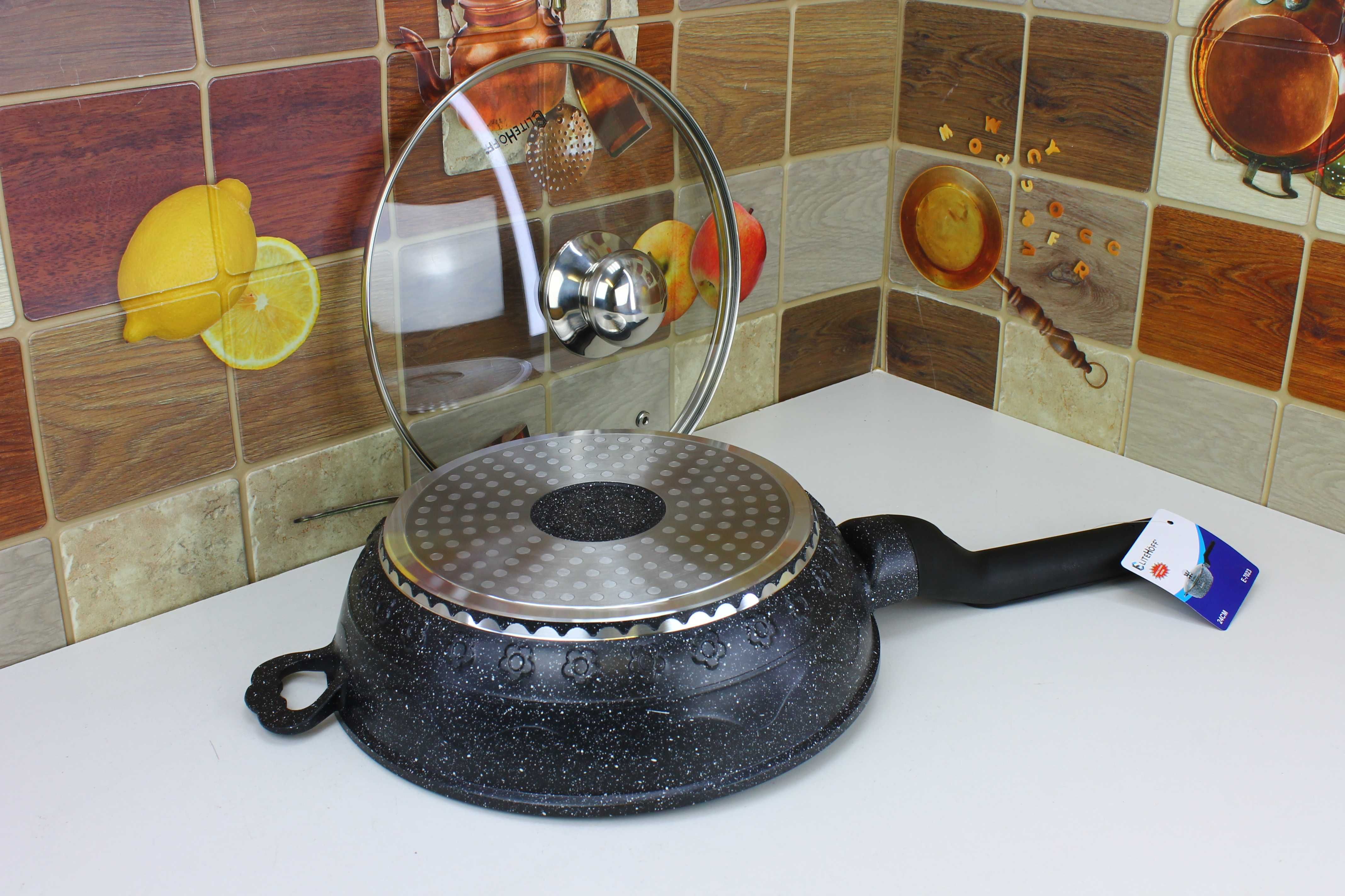 Solidna Głęboka Patelnia 24cm z pokrywą EliteHoff E7022 czarna
