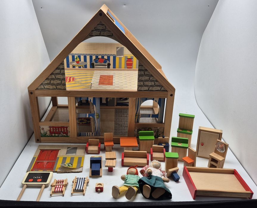 Stary Drewniany Domek dla Lalek z Wyposażeniem Zabawka Prl Vintage