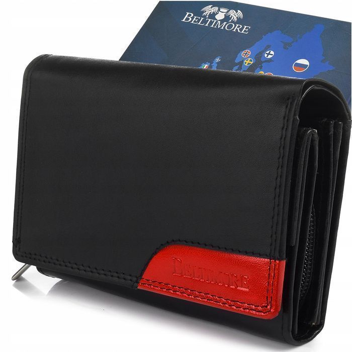 BELTIMORE portfel skórzany damski RFiD skóra karty czarny czerwony