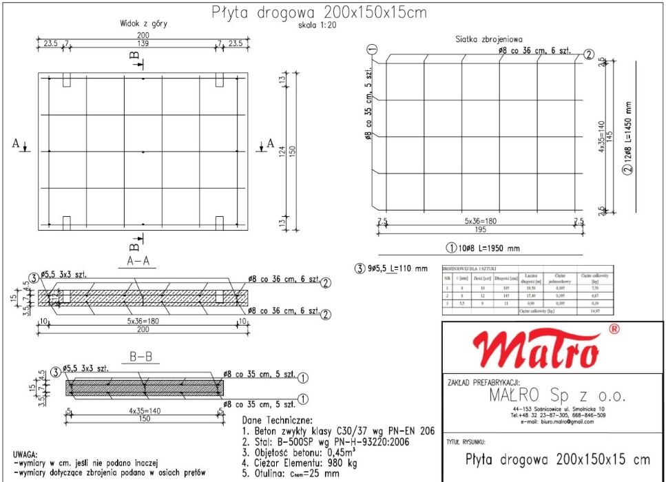 Płyty drogowe 200x150x15 cm płyta drogowa, prefabrykat dróg drogi