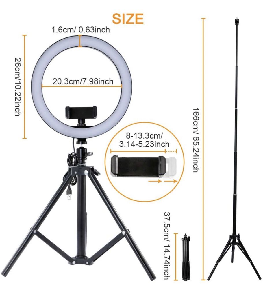 Ring Light RGB 26cm + Tripé 170cm +Controlo Remoto IR/Bluetooth (NOVO)